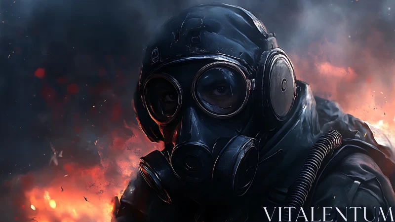 Gas-masked sentinel studies the wildfire glow in silence