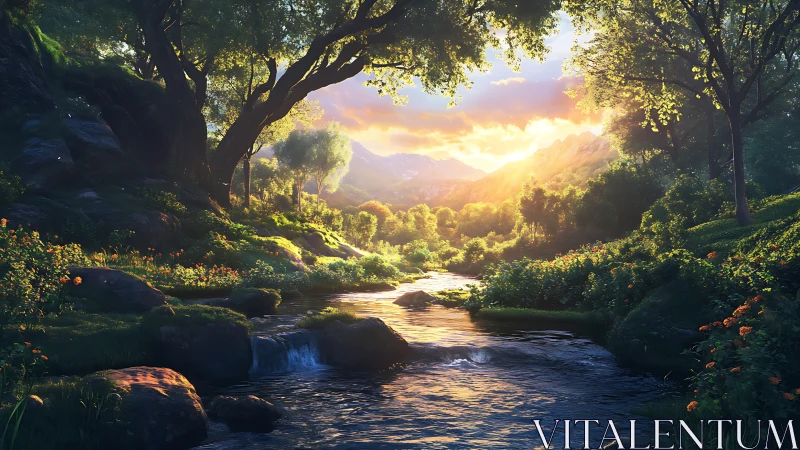 Golden sunrise bathes a tranquil forest river in warm light