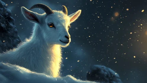 Snowlit mountain goat under glowing winter night sky.