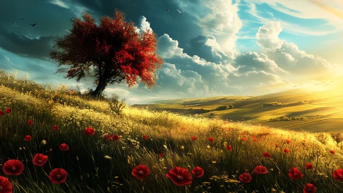 Red tree dominates sunlit hillside with dramatic volumetric clouds