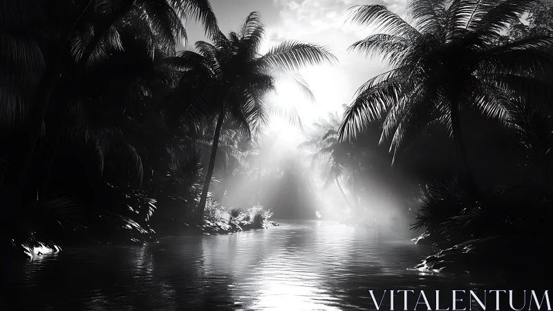 Misty Tropical River Through Palm Silhouettes.