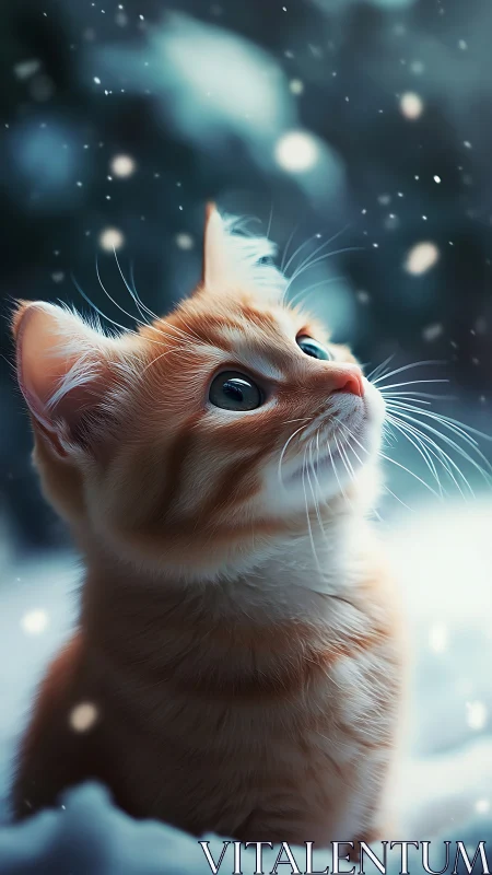 Ginger and white kitten gazes upward amid luminescent snow particles.