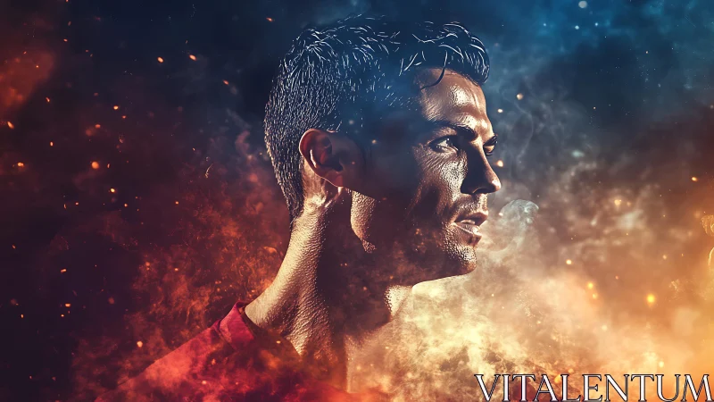 Starlit striker carves through swirling fire and cosmic smoke