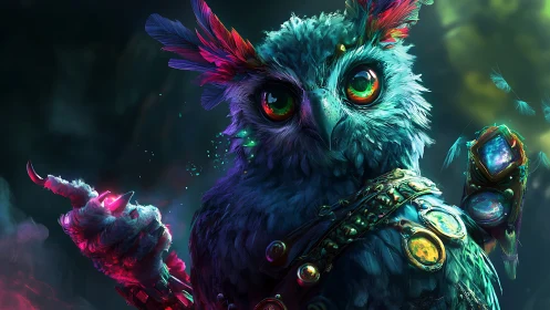 Mystic jewel-clad owl gazes through neon enchanted forest