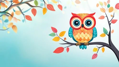 Colorful owl perches on autumn branch with stylized leaves