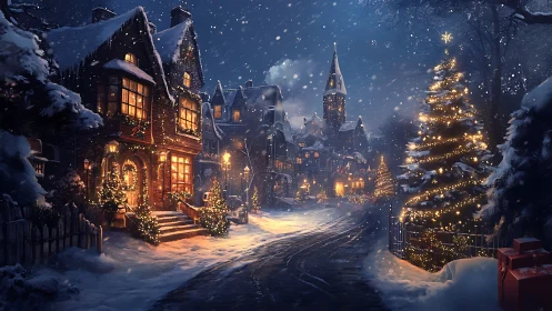 Snowy village glows under warm Christmas lights at night.