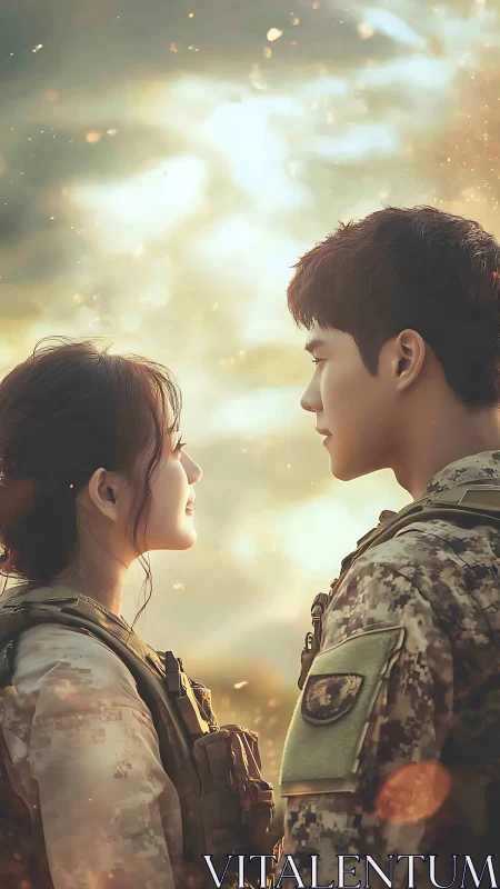 Two Military Personnel Silhouettes Against Luminescent Atmospheric Sky.