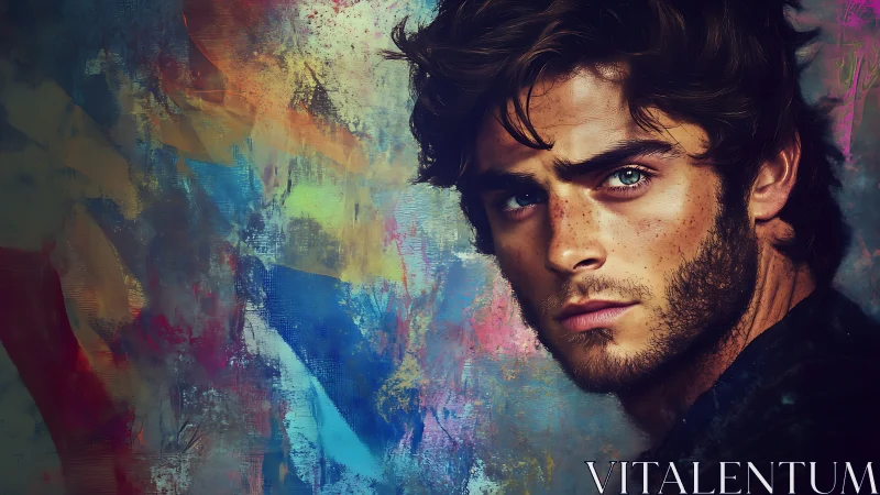 Digital male portrait overlays detailed face on textured field