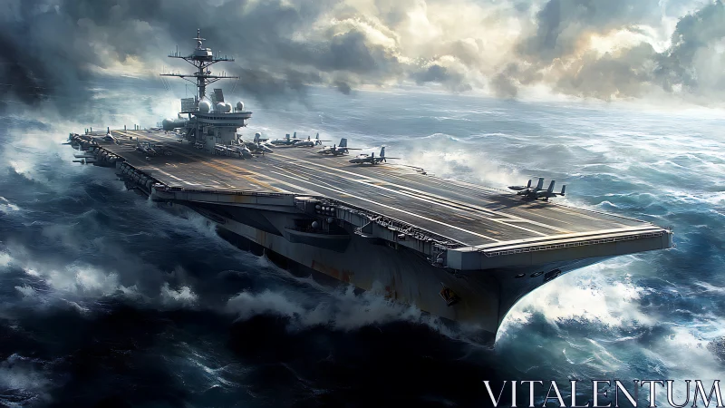 Modern aircraft carrier slicing through storm-lit ocean swells.