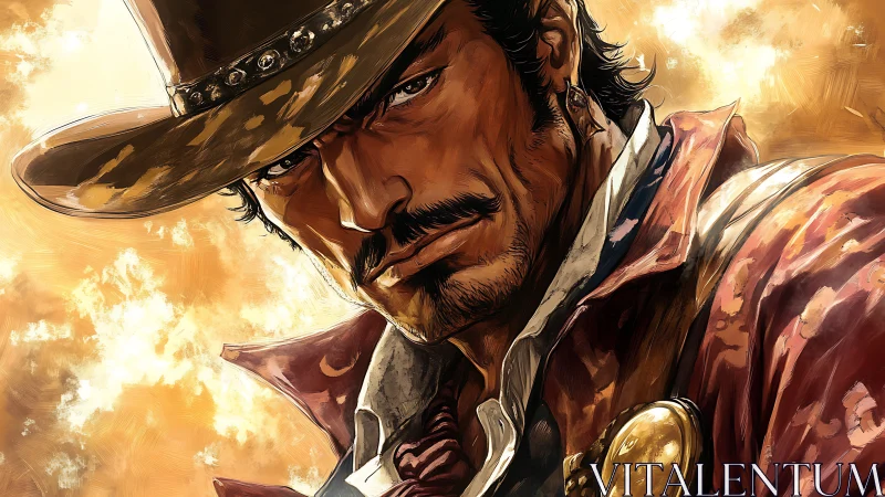 Sunlit gunslinger portrait with fiery golden swagger.