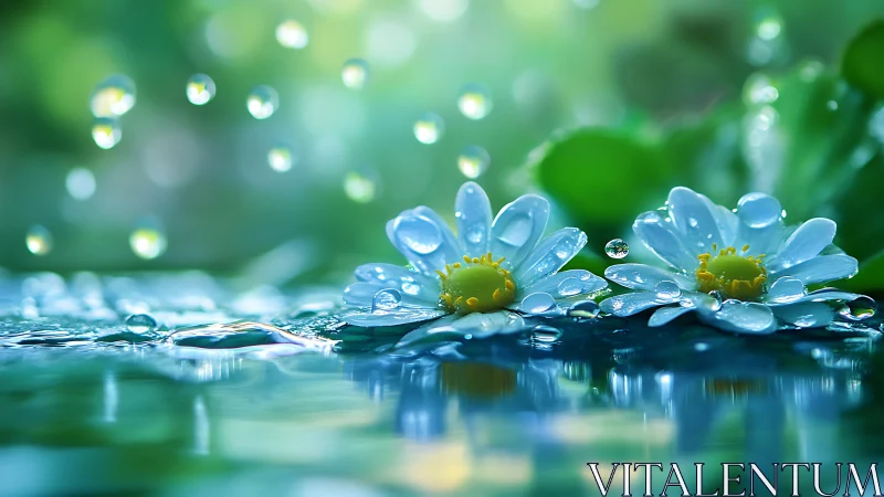 Blue Daisies Glistening with Morning Dewdrops