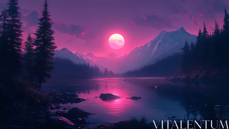 Neon moonrise over crystal lake in electric violet dusk.
