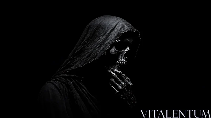 Hooded skeletal figure emerges from darkness in stark profile.