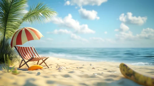 Striped deck chair and umbrella on quiet sandy shoreline.