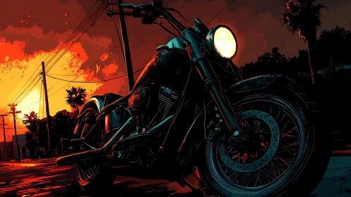 Motorcycle is rendered in low-angle view on urban street at dusk