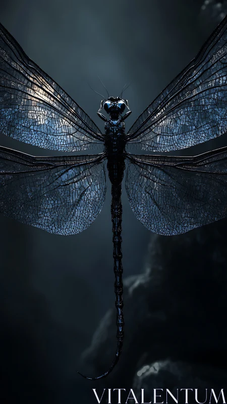 Backlit dragonfly macro with iridescent veined wings.