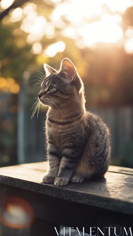Tabby kitten sits upright on wooden surface at golden hour