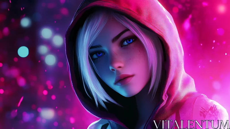 Neon hooded heroine in cyberpunk city glow portrait.