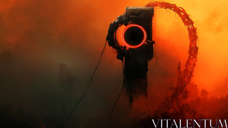 Mechanical ring structure in orange industrial haze environment.