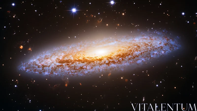 Spiral galaxy glows with golden core against deep space.