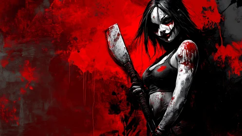 Fierce masked warrior framed in bold red and black art.