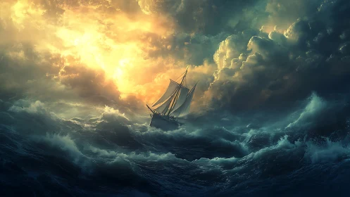 Storm-tossed sailboat leans bravely toward glowing horizon light