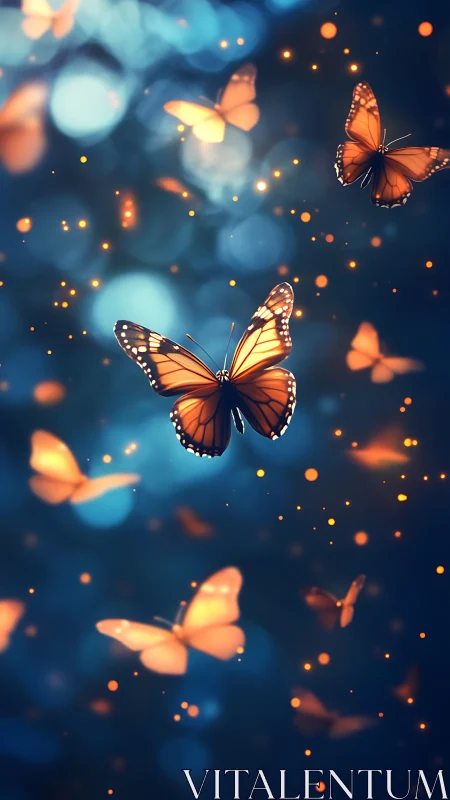 Monarch butterflies glowing against dreamy blue bokeh sky.