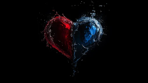 Fluid Dynamics Heart: Red and Blue Liquid Collision.