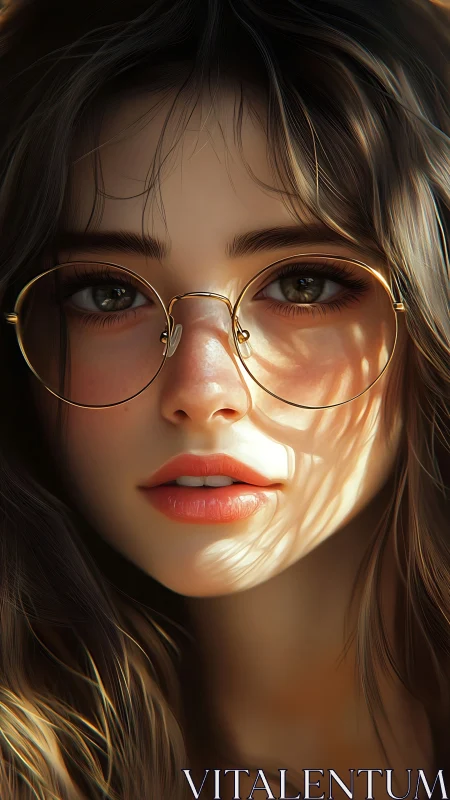 Sunlit portrait of girl with round glasses and soft shadows.