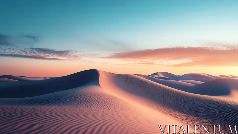 Sunlit desert dunes curve under soft pastel dawn sky