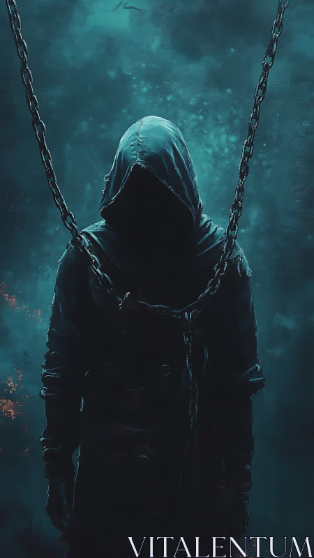 Hooded wraith hangs in teal mist with heavy rusted chains.