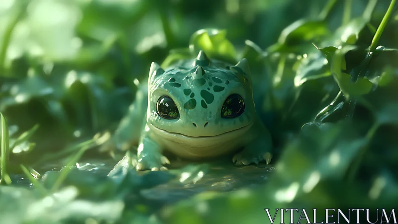 Small stylized green frog resting among wet foliage.
