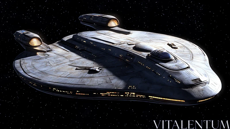 Streamlined silver starship glides silently through deep space.