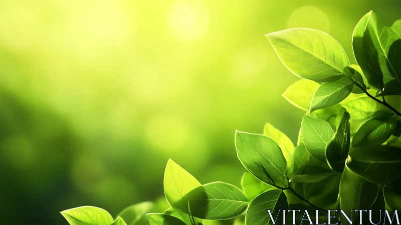 Fresh green leaves in sunlight with soft bokeh, nature background.