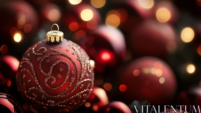 Red ornament with glitter pattern among soft lights.