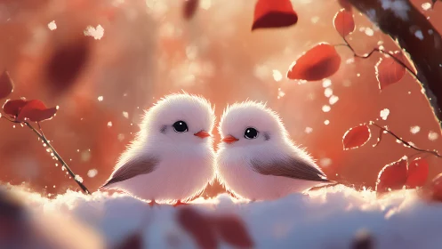 Ethereal Winter Birds: Twin Fluffy Companions Among Frost-Kissed Foliage.