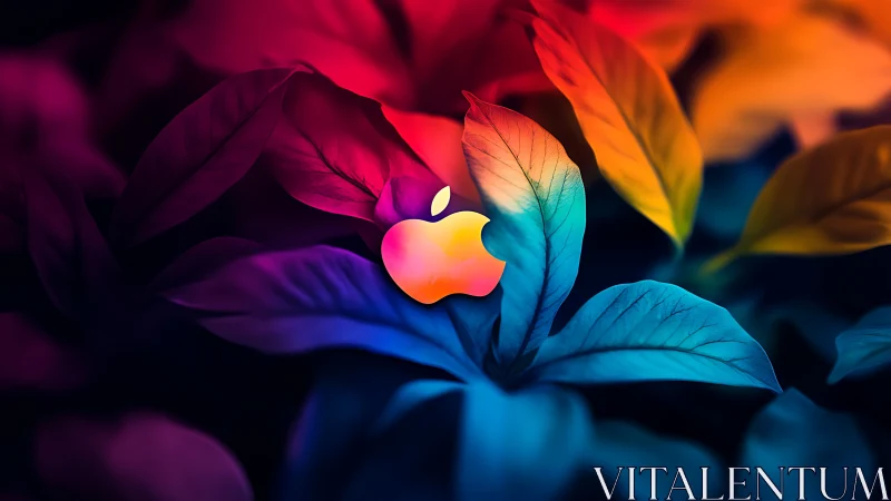 Neon petals cradle a glowing tech fruit in chromatic hush.