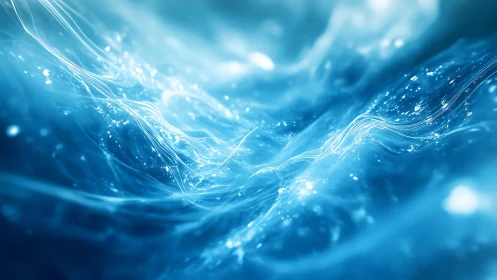 Abstract flowing blue waves with glowing particle accents, digital art.