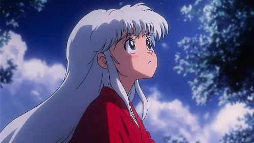 Silver-haired anime youth under luminous twilight sky.