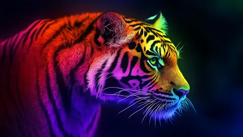 Radiant neon tiger gazes ahead in glowing rainbow light