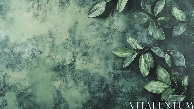 Emerald leaves line textured green concrete background.