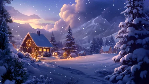 Snowy alpine cabin glows under tranquil winter twilight.