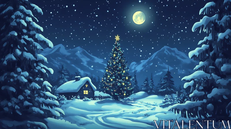 Moonlit alpine cabin with illuminated Christmas tree centerpiece.