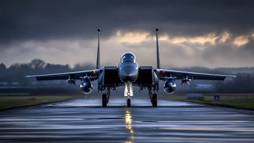 Stealth fighter jet awaits takeoff on rain-soaked runway at dusk.