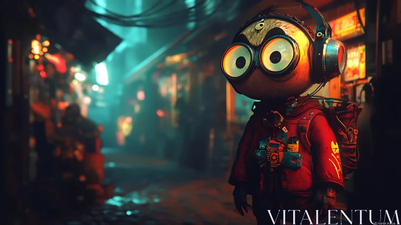 Wide eyed robot in neon alley wearing headphones and coat.