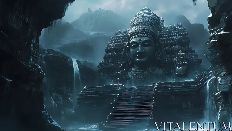 Colossal cave deity temple breathing cold blue mist.