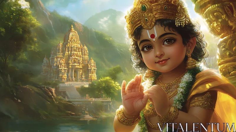 Divine child deity glows before a misty golden temple dream.