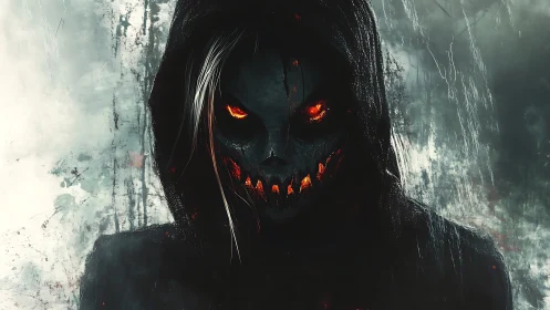 Hooded demon visage with burning eyes in stormy darkness.