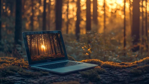 Laptop on mossy log with forest sunset on screen.