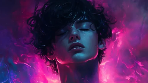 Androgynous portrait in neon blue and magenta light.